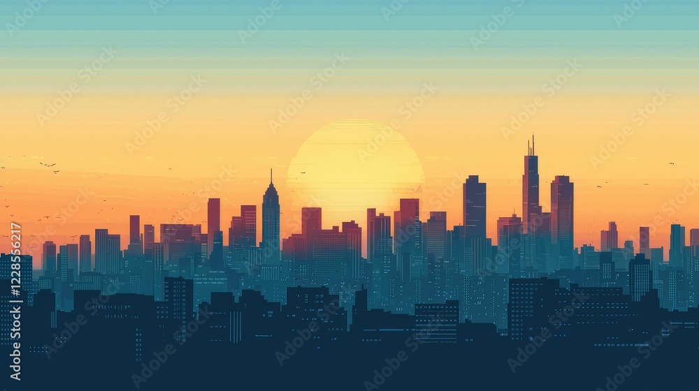 Fototapeta premium City Skyline at Dusk with Vibrant Sunset and Silhouetted Buildings