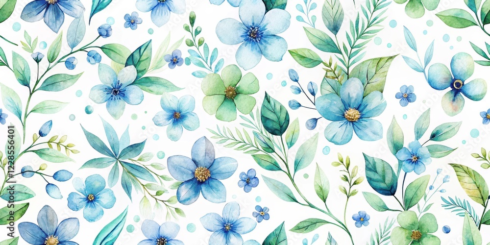 Fototapeta premium Serene Watercolor Floral Pattern Delicate Blue and Green Blooms on a White Background Featuring an Array of Botanical Elements