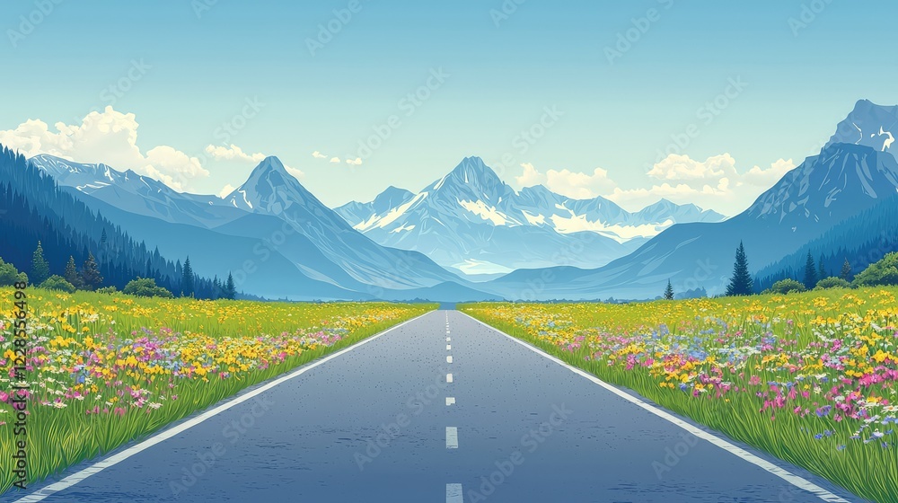 Fototapeta premium Scenic Mountain Road Surrounded by Colorful Wildflowers and Sky