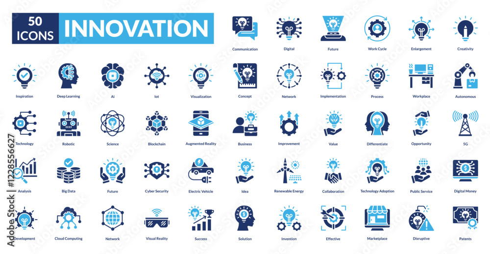 Innovation fill icon collection set. includes innovation, concept, technology, business, idea, digital, information, solution, network, future, industry Innovation fill icon collection set. includes innovation, concept, technology, business, idea, digital, information, solution, network, future, industry
