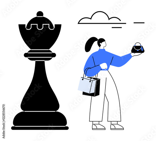 Woman with ponytail holds small purse, carrying shopping bags standing beside large chess piece under cloud. Ideal for strategy, shopping, decision-making, retail, balance, juxtaposition, lifestyle