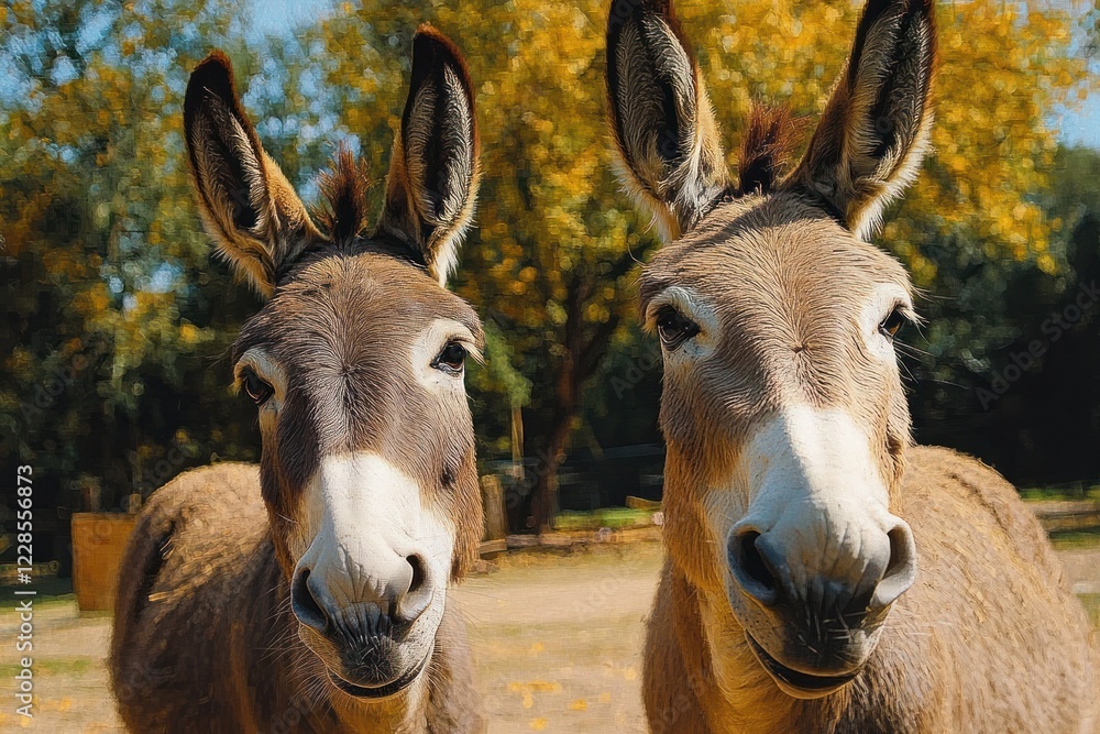 Close-up Portrait of Two Mini Donkeys in Texas Farm Field under Sunny Blue Skies Close-up Portrait of Two Mini Donkeys in Texas Farm Field under Sunny Blue Skies