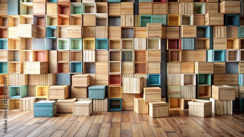 A wall of colorful wooden boxes and crates of varying sizes, arranged in a captivating pattern, rests against a hardwood floor. A wall of colorful wooden boxes and crates of varying sizes, arranged in a captivating pattern, rests against a hardwood floor.