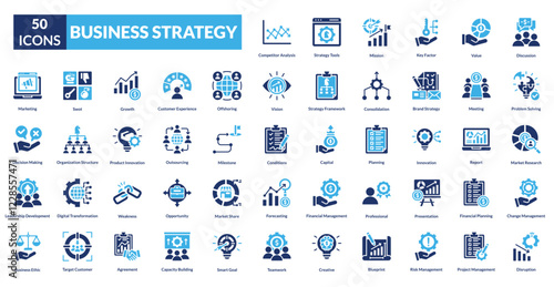 business strategy fill icon collection set. Includes partnership,target,employment,trade,deal,contract,plan,marketing, project, idea