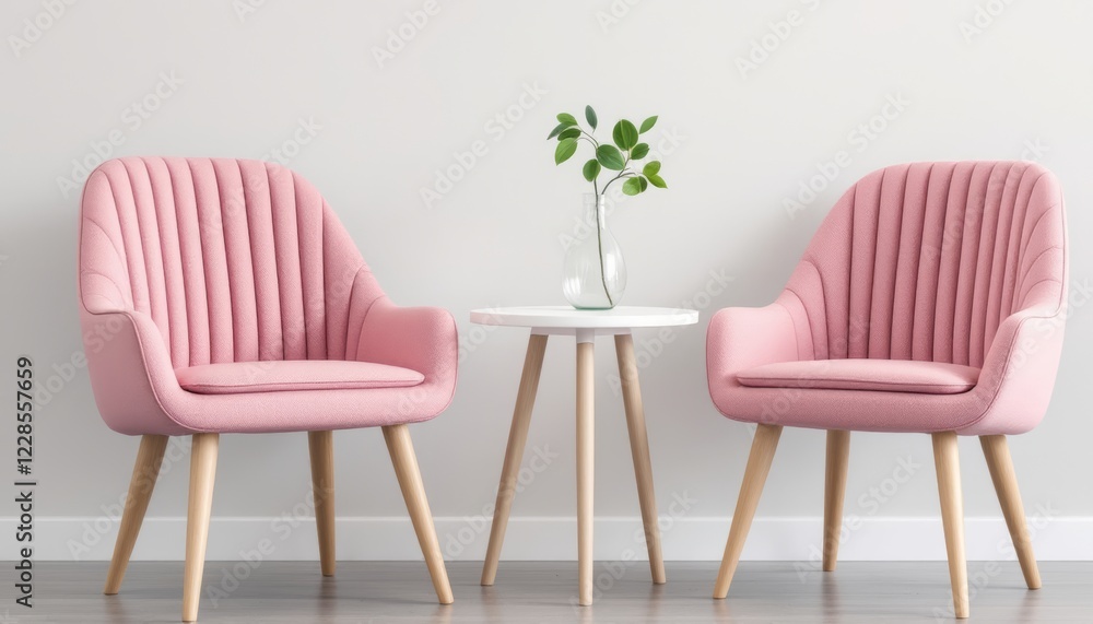 Fototapeta premium Paired pink lounge armchairs embracing serene minimalist elegance