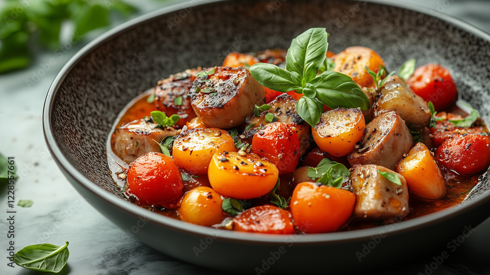 Delicious roasted vegetables with herbs and spices in bowl Delicious roasted vegetables with herbs and spices in bowl