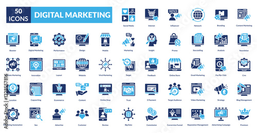 digital marketing fill icon collection set. Includes selling, trade, promotion, purchase, retail, traffic, commerce, digital, technology, network, tech, concept