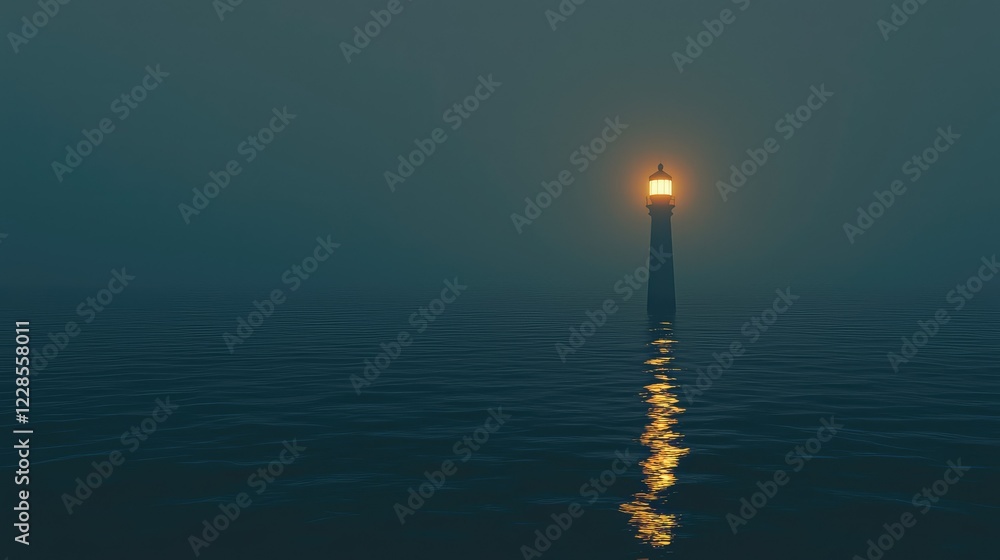 Fototapeta premium Serene Lighthouse Glowing in Misty Ocean at Dusk