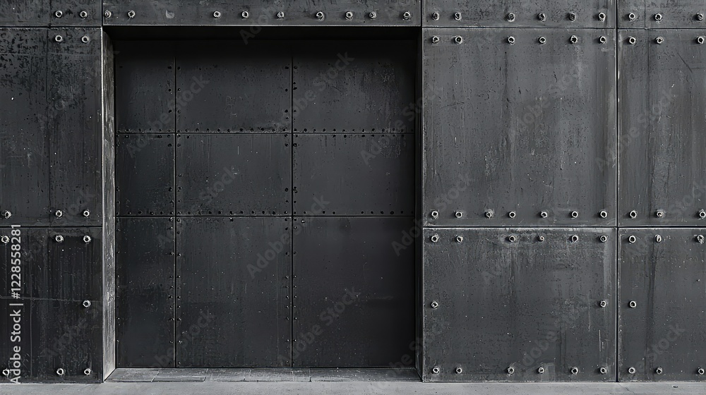 Black Industrial Door with Metal Rivets and Textured Wall Surface Black Industrial Door with Metal Rivets and Textured Wall Surface