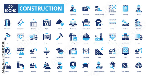 Construction fill icon collection set. Includes manufacturing, plan, production, structure, construct, tower, build, industry