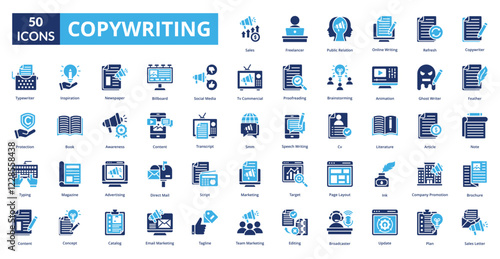 copywriting fill icon collection set. Includes working, online, job, internet, office, person, copywriting, technology