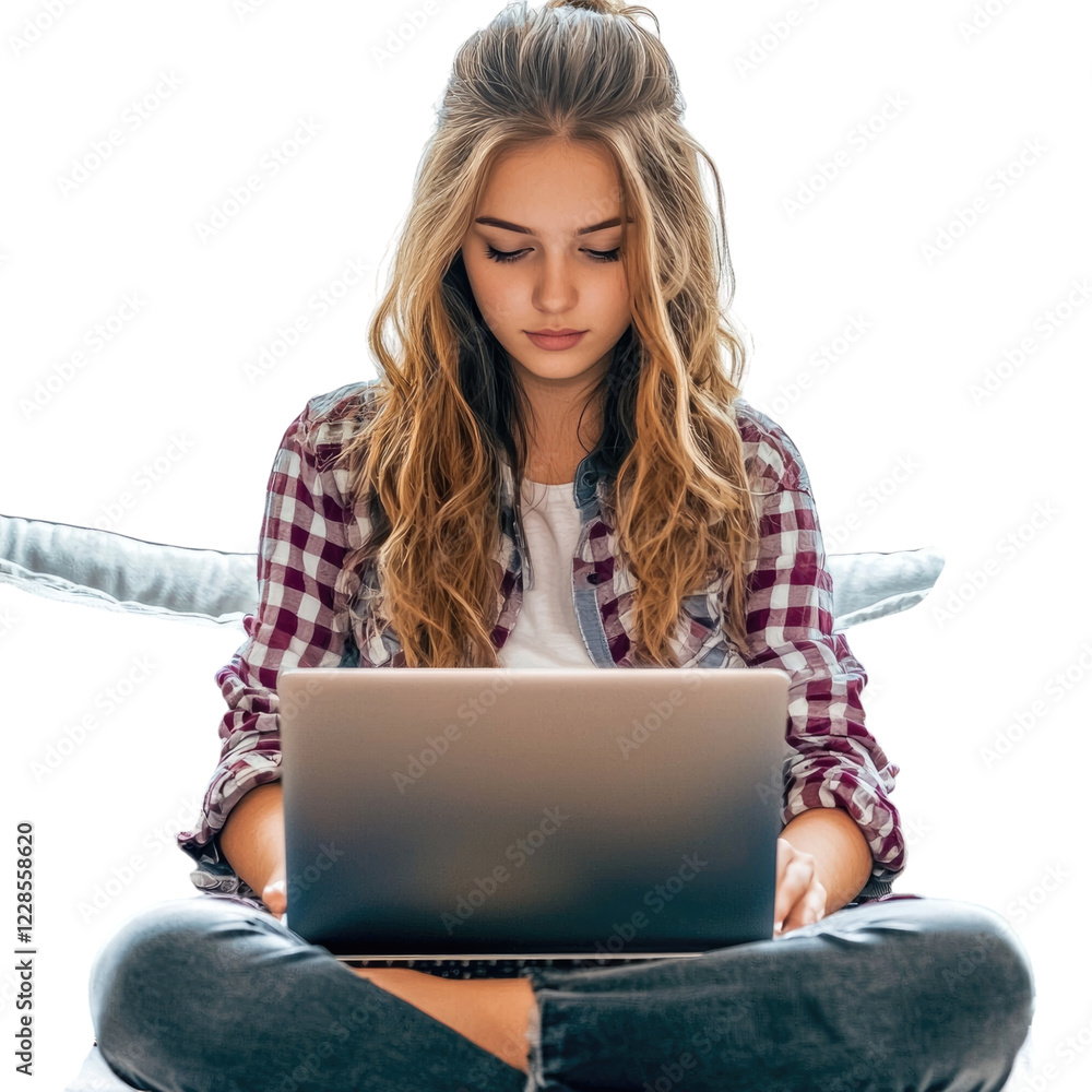 Naklejka premium A young woman sitting cross-legged, focused on her laptop while working or studying.