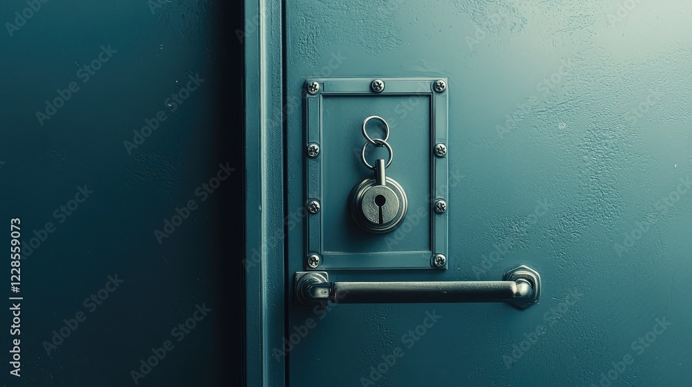 Secure Metal Door with Lock and Keyhole Against Blue Background Secure Metal Door with Lock and Keyhole Against Blue Background