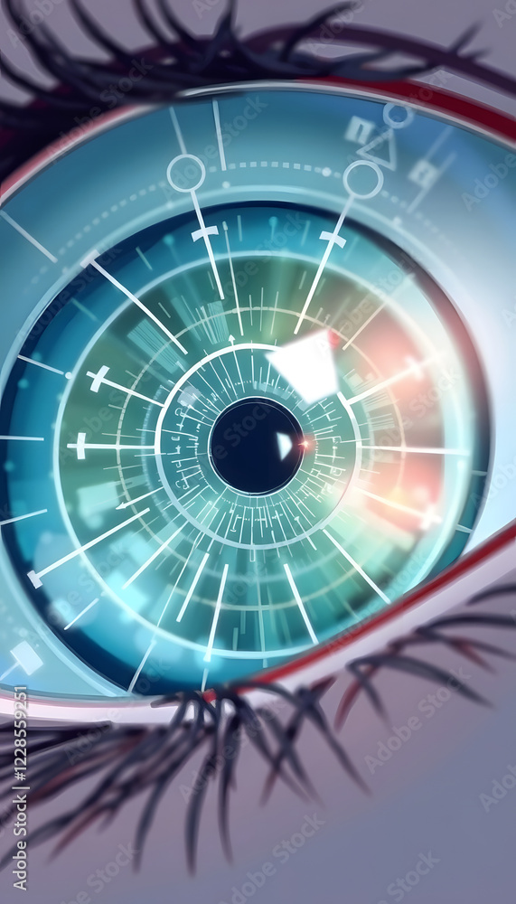 Close up of a smart contact lens technology that can correct vision, display information, and monitor wearers' health in real time, hand-drawn digital illustration, with white tones Close up of a smart contact lens technology that can correct vision, display information, and monitor wearers' health in real time, hand-drawn digital illustration, with white tones