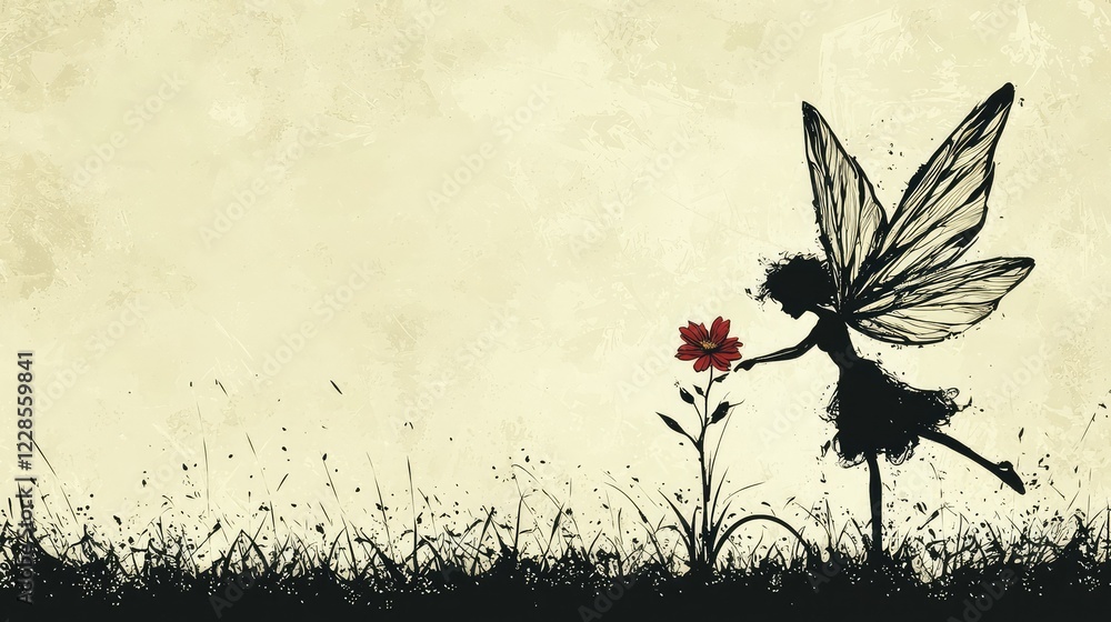 Whimsical Fairy Delicately Holding a Flower in a Dreamy Landscape Whimsical Fairy Delicately Holding a Flower in a Dreamy Landscape