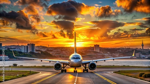 Cabo Verde Airlines Boeing 737 MAX 8 Taxiing at Lisbon Airport - Vibrant Landscape Photography of Aircraft on Runway with Scenic Backdrop photo