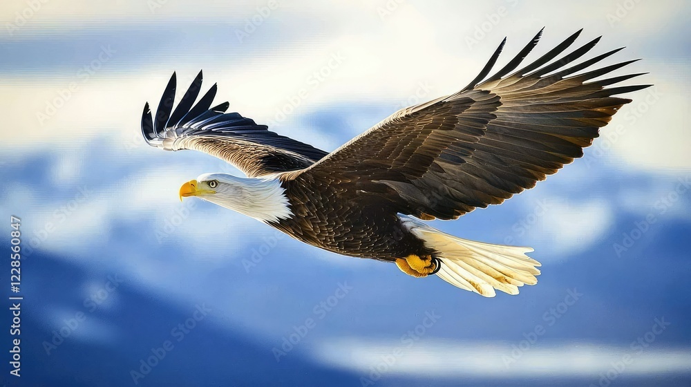 Majestic Bald Eagle in Flight Against a Soft Sky Background