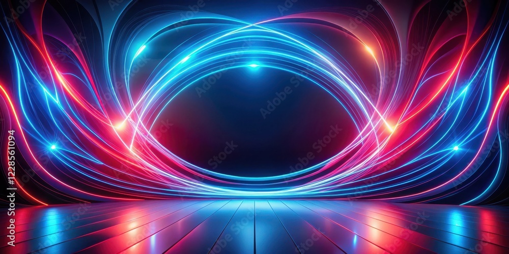 Obraz premium Abstract Neon Light Trails Swirling Around a Dark Stage with Reflective Floor