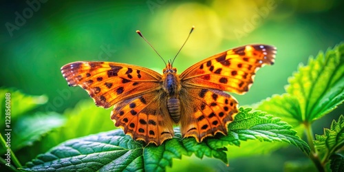 Polygonia c-album Butterfly Bokeh Photography: Macro Shot of a Beautiful Comma Butterfly on a Green Leaf photo