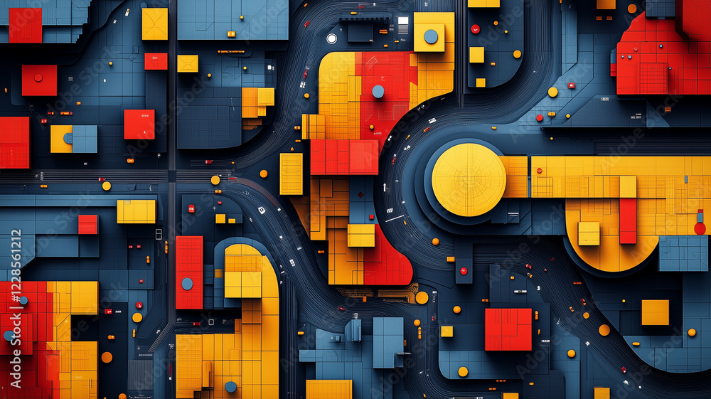 Vibrant abstract geometric shapes in red, yellow, and blue create dynamic urban landscape Vibrant abstract geometric shapes in red, yellow, and blue create dynamic urban landscape