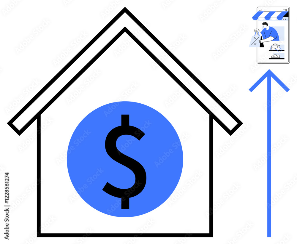 House with dollar symbol, upward arrow, and person using computer illustrates concepts of real estate investment, online financial transactions. Ideal for finance, property market, digital banking House with dollar symbol, upward arrow, and person using computer illustrates concepts of real estate investment, online financial transactions. Ideal for finance, property market, digital banking