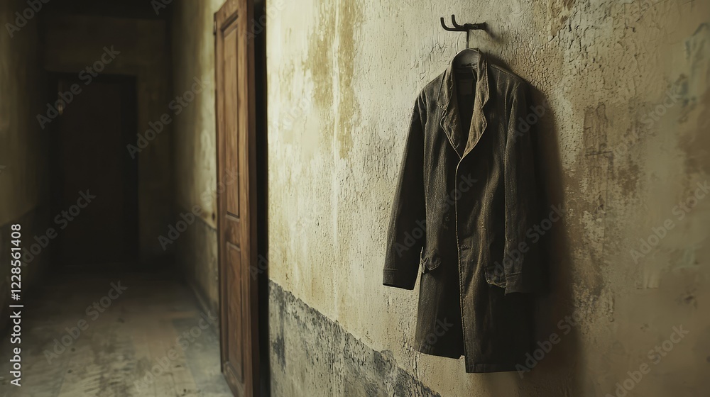 Abandoned Room with Old Coat Hanging on Wall in Dim Corridor Abandoned Room with Old Coat Hanging on Wall in Dim Corridor
