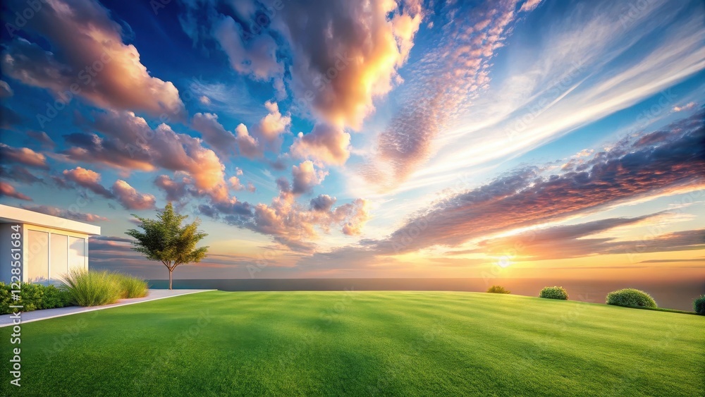 Serene Sunset Vista Modern Architecture and Lush Green Lawn Overlooking a Calm Ocean Serene Sunset Vista Modern Architecture and Lush Green Lawn Overlooking a Calm Ocean