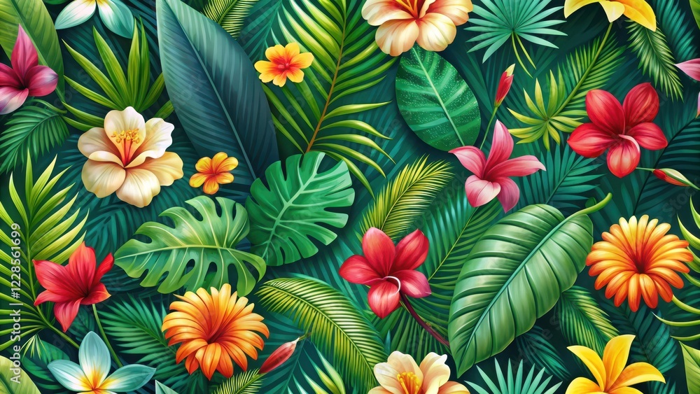 Vibrant tropical seamless pattern featuring lush palm leaves and colorful exotic flowers, set against a warm and inviting green background , greenbackground, tropicalgetaway Vibrant tropical seamless pattern featuring lush palm leaves and colorful exotic flowers, set against a warm and inviting green background , greenbackground, tropicalgetaway