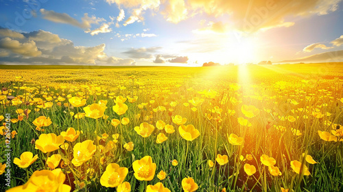 Fototapeta Naklejka Na Ścianę i Meble -  A field of buttercups glowing brightly under the spring sun, creating a golden blanket over the meadow