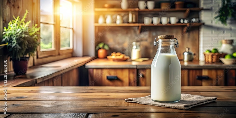 Rustic Kitchen Breakfast: Milk Bottle on Wooden Table - Stock Photo Rustic Kitchen Breakfast: Milk Bottle on Wooden Table - Stock Photo