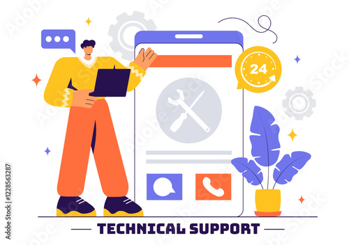 Vector Illustration of a Technical Support System Featuring Software Development, Customer Service, and IT Assistance in a Flat Style Background