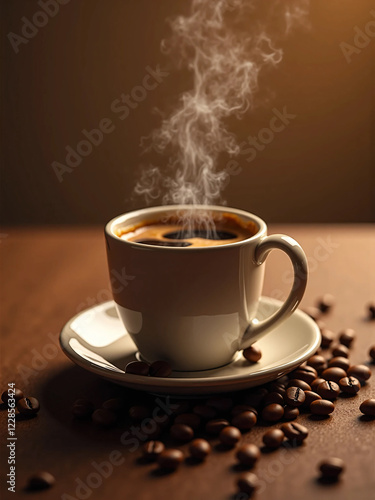 Close-Up of a Steaming Coffee Cup in a Cozy Minimalist Setting – Aesthetic Warm Tones, Wooden Table, and Coffee Beans in Extreme Detail, Capturing Rich Aromas and Indulgence in Stunning