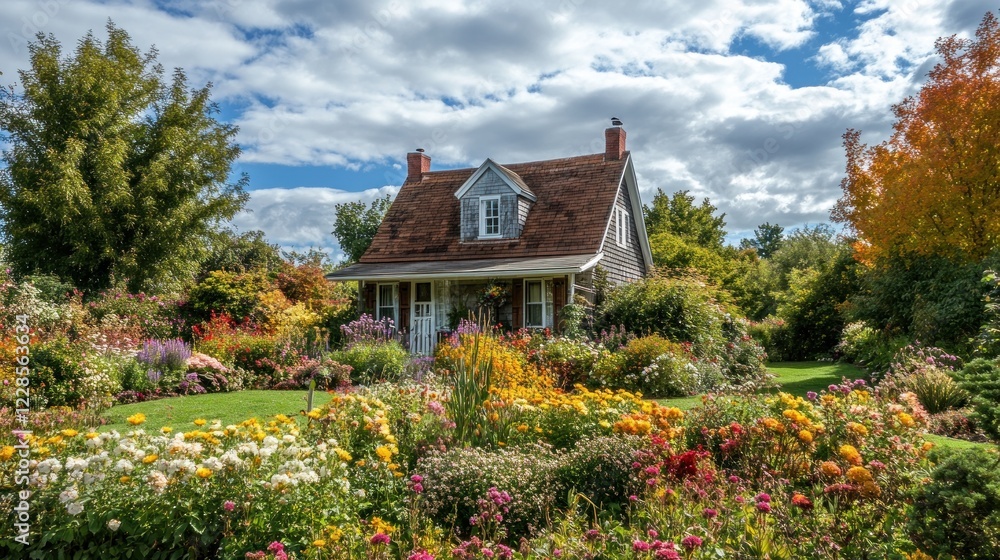 A charming house surrounded by a vibrant flower garden under a cloudy sky. A charming house surrounded by a vibrant flower garden under a cloudy sky.