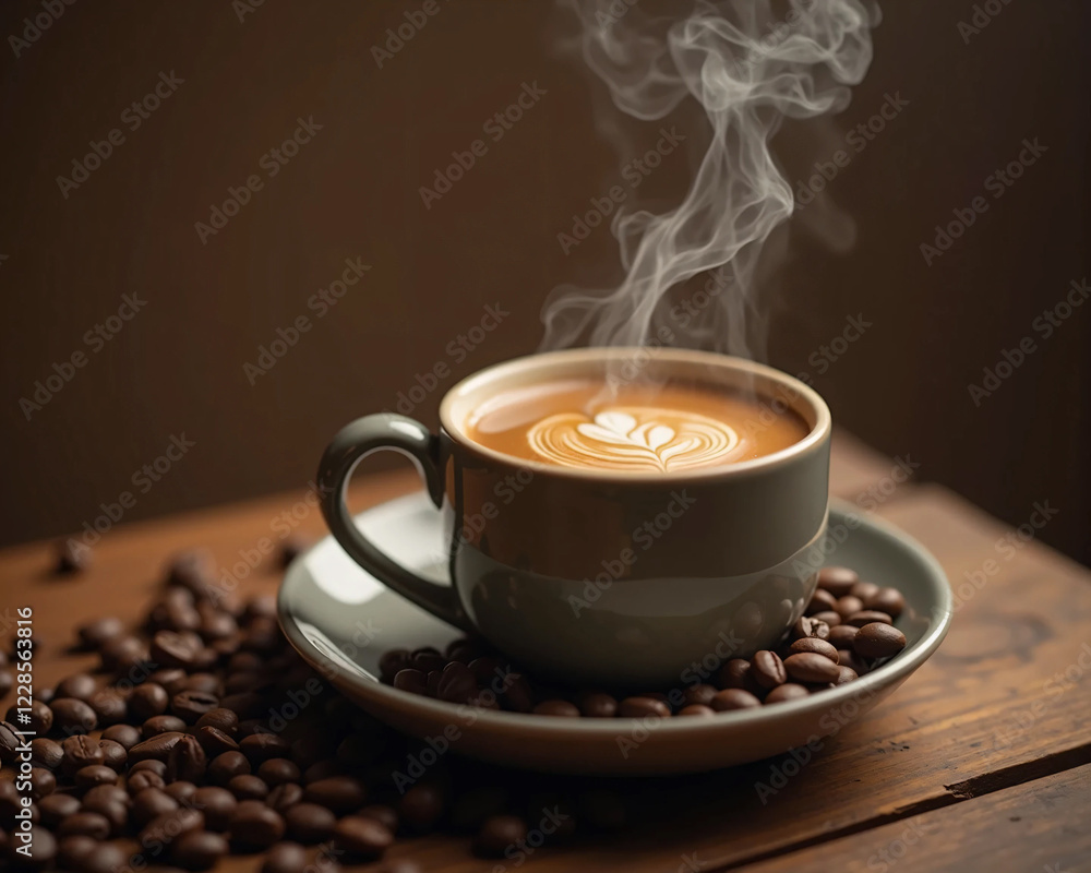 Fototapeta premium Close-Up of a Steaming Coffee Cup in a Cozy Minimalist Setting – Aesthetic Warm Tones, Wooden Table, and Coffee Beans in Extreme Detail, Capturing Rich Aromas and Indulgence in Stunning