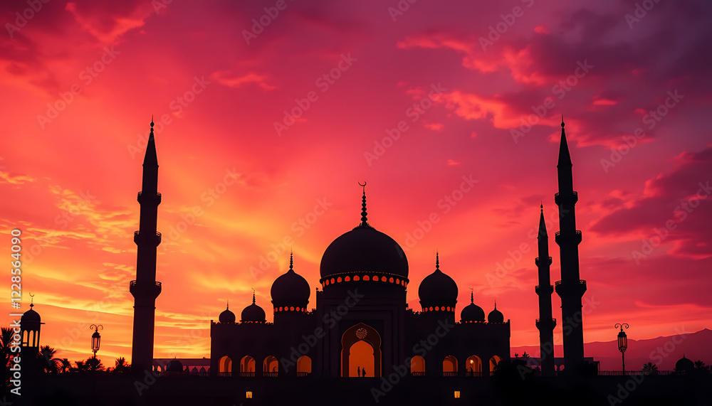 Fototapeta premium Ramadan Background with Mosque Silhouette at Twilight