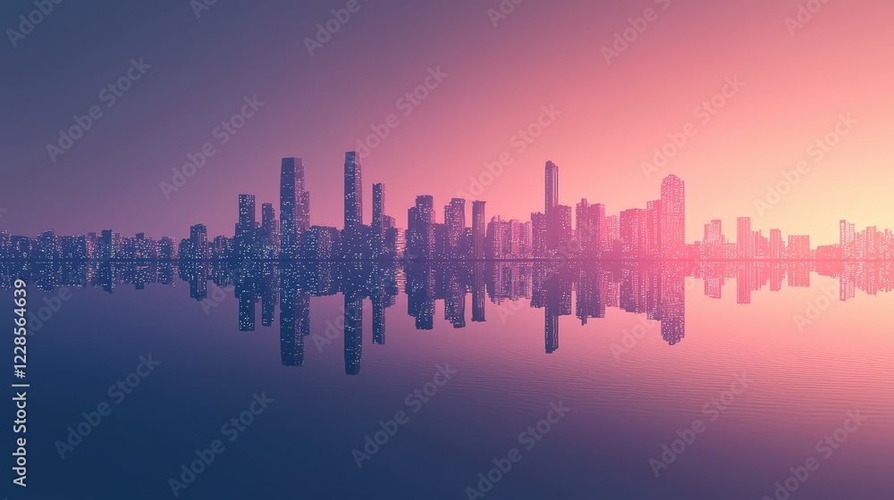 Serene Urban Skyline Reflection at Dusk with Vibrant Colors Serene Urban Skyline Reflection at Dusk with Vibrant Colors