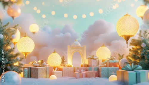 Festive Gifts and Illuminated Lanterns Celebrate a Winter Holiday in a Dreamy Scene photo