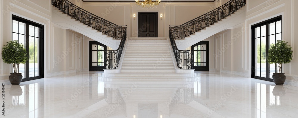 Obraz premium A luxurious foyer featuring a grand staircase, elegant railings, and polished floors, with potted plants and large windows allowing natural light.