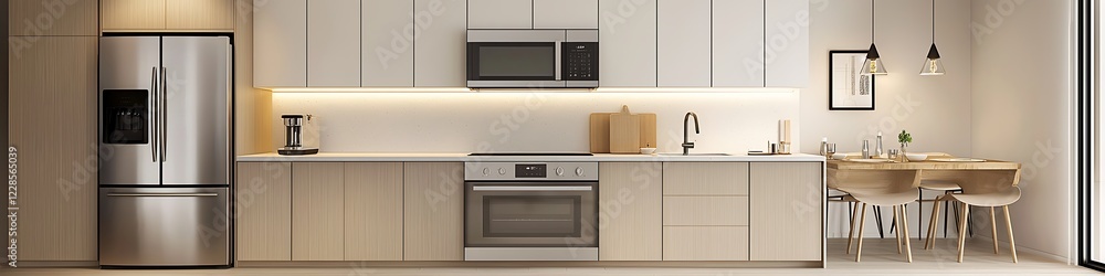 Fototapeta premium Light satinwood cabinets complement the stainless appliances in this luxury kitchen setup.