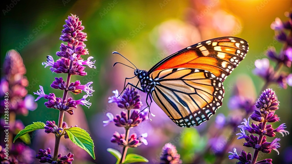 Stunning Macro Photo: Butterfly on Holy Basil Flowers - High Depth of Field Nature Photography Stunning Macro Photo: Butterfly on Holy Basil Flowers - High Depth of Field Nature Photography