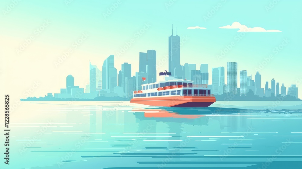 Fototapeta premium Colorful Ferry Cruising Through Serene Urban Waterscape