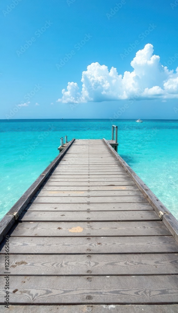 Obraz premium Aged gray wooden pier planks, vibrant blue sea, cloudless summer sky , seascape, clouds