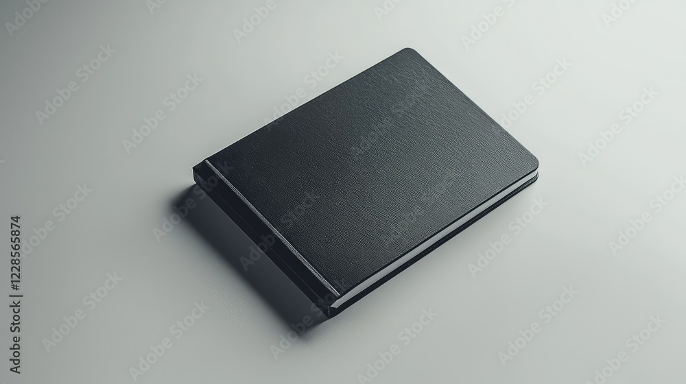 Black notebook on a simple grey background with soft shadows Black notebook on a simple grey background with soft shadows