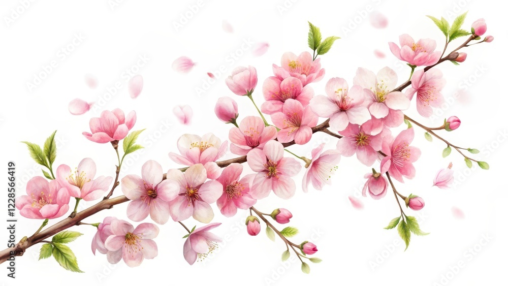 A delicate, hand-painted cherry blossom branch with soft pink petals and gentle green leaves on a white background A delicate, hand-painted cherry blossom branch with soft pink petals and gentle green leaves on a white background