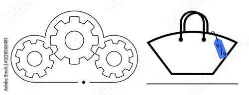 Gears within a cloud connecting with a shopping bag with a price tag. Ideal for retail automation, digital transformation, smart retail, eCommerce, cloud technology, innovation, efficiency. Abstract