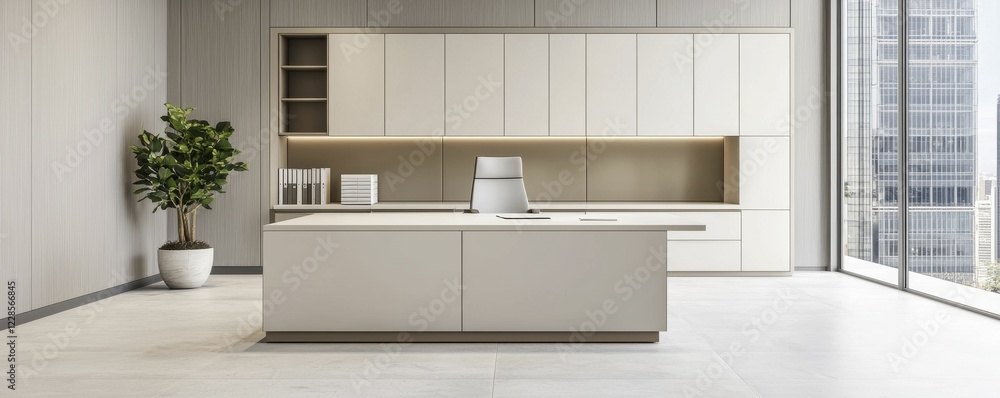 A modern kitchen with sleek cabinetry, a central island, and large windows showcasing a bright, minimalist design. A modern kitchen with sleek cabinetry, a central island, and large windows showcasing a bright, minimalist design.