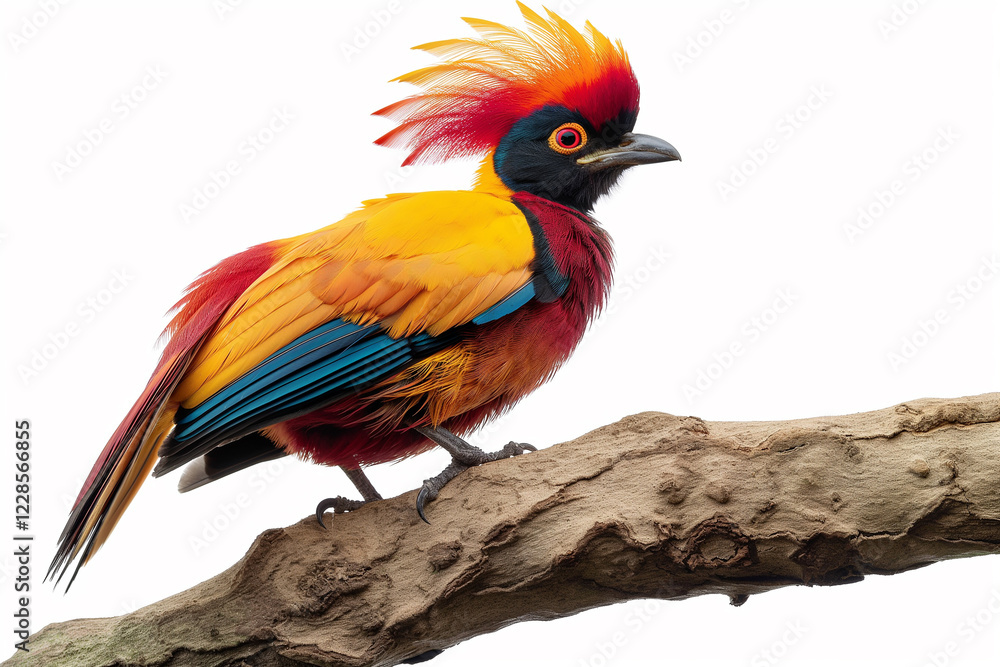 Fototapeta premium A colorful bird sitting on a branch isolated on white background