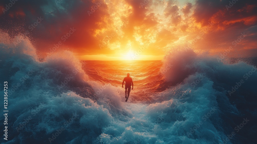 Man Walking on Water Towards a Fiery Sunset Man Walking on Water Towards a Fiery Sunset