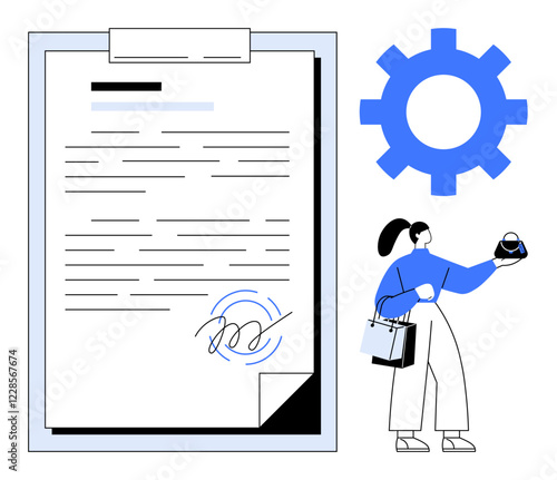 Large signed document, linked gear icon, woman with shopping bags holding apple. Ideal for business, digital transformation, e-commerce, automation, paperwork technology efficiency themes. Abstract