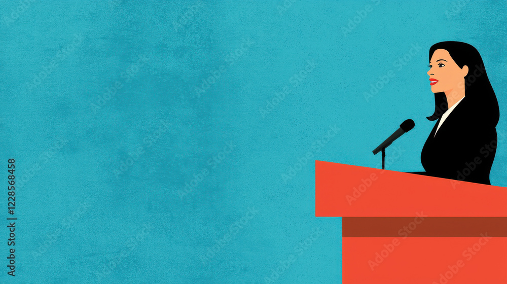 A confident woman stands at a podium, ready to speak, against a vibrant blue background, symbolizing leadership and empowerment.
